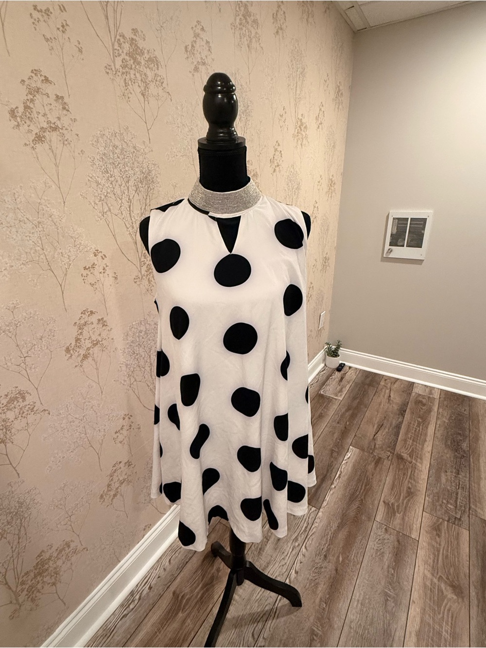 Sleeveless Polka Dot A-Line Dress with Sparkle Neck